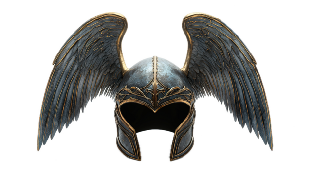 Epic battle helmet with wings historical artifact museum exhibit studio setting close-up view symbol of valor and mythology