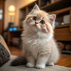 Adorable Fluffy Kitten Sitting on a Cozy Couch With a Curious Expression, Surrounded by Warm Home Decor, Perfect for Pet and Interior Photography Themes