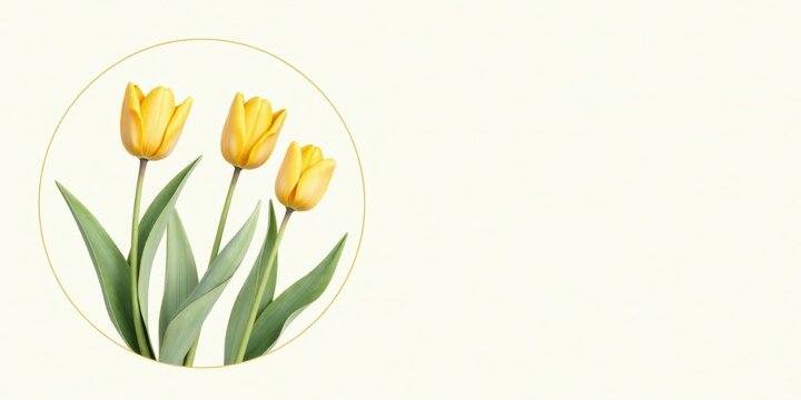 A trio of vibrant yellow tulips, delicately arranged within a subtle golden circular frame, offers a serene and elegant visual; perfect for springtime announcements or designs.