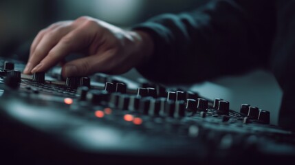 Fototapeta premium A hand skillfully adjusts controls on an audio mixer, highlighting the precision and concentration in creating perfect soundscapes.