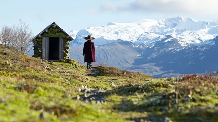 Fototapeta premium Solitary Traveler Icelandic Cabin Mountain Landscape Arctic Wilderness