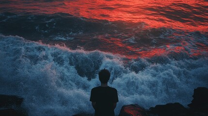 Man silhouetted against fiery sunset ocean waves.