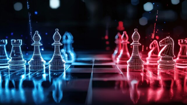 Glowing holographic chess match between two AI supercomputers, futuristic strategy battle, sci-fi cybernetic intelligence theme