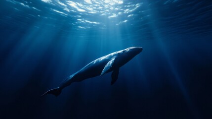 Naklejka premium A majestic whale glides through shimmering blue waters, illuminated by radiant beams of sunlight from above, symbolizing grace in the deep.
