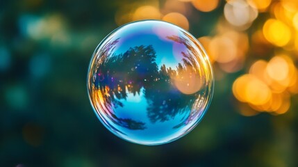 A single, perfect bubble reflects a vibrant world within, suspended in colorful bokeh, encapsulating a moment of whimsical wonder.