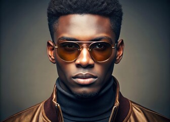 Fototapeta premium Young black man with hightop fade hairstyle wearing retro sunglasses posing in urban environment for modern portrait photography