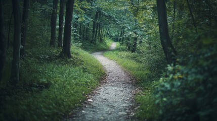 Fototapeta premium Serene woodland path leads through a dense, leafy forest, inviting exploration and adventure.