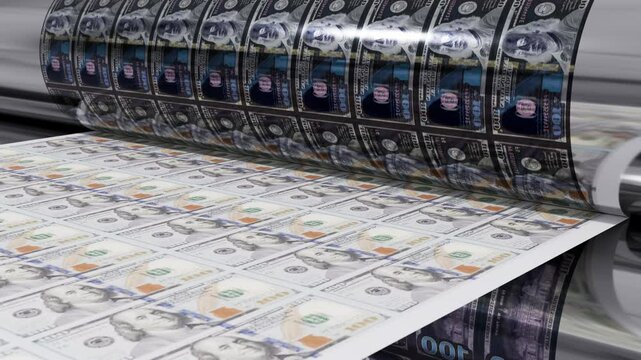 Printing 100 dollar bills at factory on the money printing press, loop animation