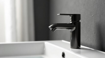 Fototapeta premium Sleek Modern Bathroom Faucet on a Pristine White Sink with a Dark Grey Wall Background