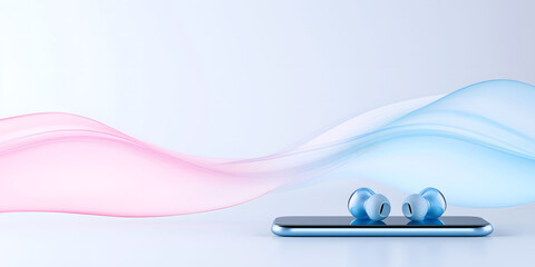 Modern wireless earbuds placed on a sleek blue smartphone with flowing pink and blue wave graphics, symbolizing innovation, sound technology, and minimalist digital design