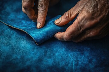 Fototapeta premium Close-up of hands working with rich, blue leather, showcasing the texture and craftsmanship.