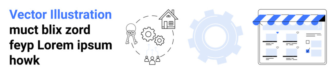 Gear icon with social icon, house symbol, and online storefront. Ideal for business processes, ecommerce, teamwork, real estate, online services digital transformation automation concepts. Landing