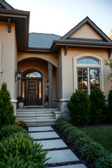 Luxury Home Exterior: Modern Architectural Design,Landscaped Garden, and Elegant Entrance