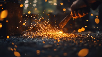 A craftsman skillfully shapes metal, with brilliant sparks flying in dark surroundings, emphasizing technique and dedication to craft.