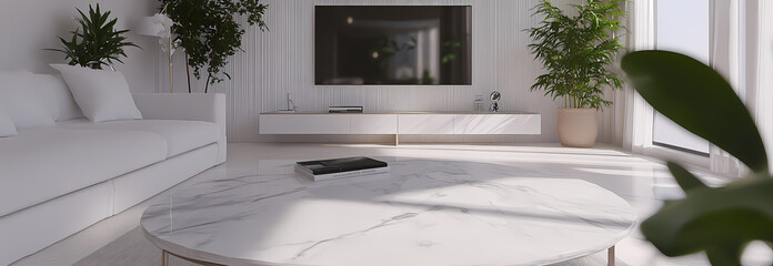 Fototapeta premium Modern living room interior with white marble table, sofa, and TV set against a window with green plants