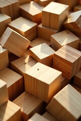 A Collection of Warm-Toned Wooden Cubes Illuminated by Sunlight, Creating a Textural and Abstract Composition of Natural Light and Shadow on Unfinished Wood
