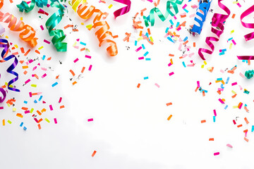 Obraz premium a party popper with colorful ribbons and confetti on a white background