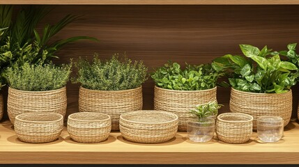 Beige woven plant pots on wooden shelf