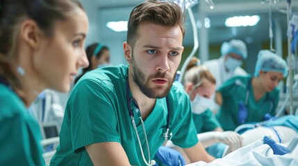 A focused male healthcare professional in scrubs engages in a critical discussion with a female colleague about patient care in a busy hospital setting.