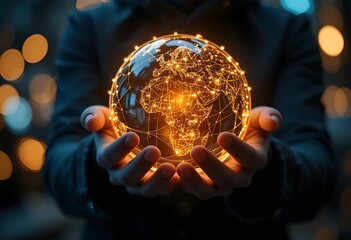 Fototapeta premium Human hand holding glowing earth with technology and global connection