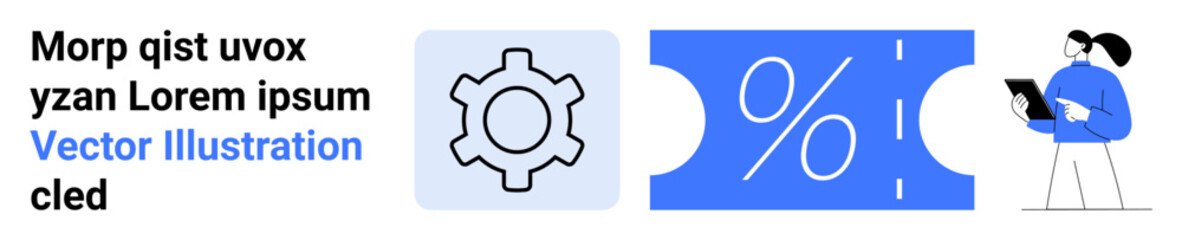 Gear icon, percentage sign on ticket, person with tablet engaging in design or marketing planning. Ideal for business tools, marketing, promotions, sales, e-commerce technology operations. Abstract