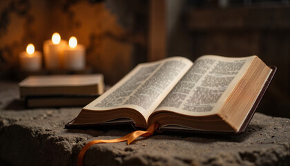 Sacred Bible on stone altar with candlelight, spiritual reflection
