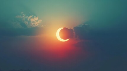 A solar eclipse silhouettes against a teal sunset, with a vibrant surrounding glow, creating a profound celestial spectacle.