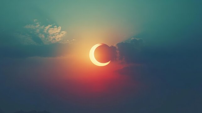 A solar eclipse silhouettes against a teal sunset, with a vibrant surrounding glow, creating a profound celestial spectacle.
