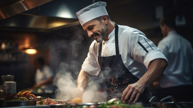Italian chef in white chef attire cooking at big clean restaurant kitchen