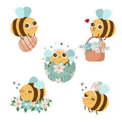 Cute cartoon bee Easter set with eggs.  Easter decorative elements for stickers, posters, messenger. Easter congratulations    