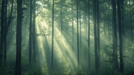 Fototapeta premium Sunlight pierces through tall trees in a lush forest, creating a serene, misty atmosphere filled with natural beauty and calmness.