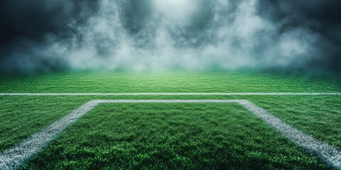 Obraz premium Empty soccer field under dramatic lighting and fog during dusk in a quiet stadium