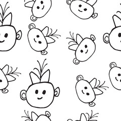 girl's face with emotion smile vector seamless pattern Graphics doodle Hand drawn Illustration base for textile design tableware and printing