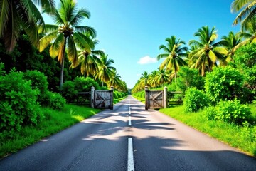 Fototapeta premium Serene Tropical Roadway Leading Through Lush Palm Tree Lined Avenue with Open Wooden Gates