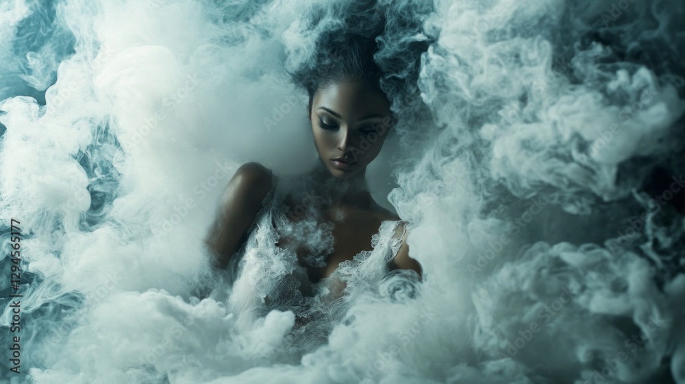 Poster a striking figure shrouded in swirling smoke creates an enchanting atmosphere. the contrast of delic