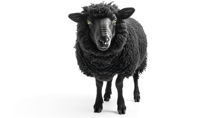 A group of black sheep standing together, with one in sharp focus at the front, isolated on white background
