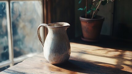 A white ceramic pitcher with a brown handle sits on a wooden table next to a plant in a terracotta pot.