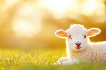 Fototapeta premium Soft lamb resting in vibrant golden sunlight against a blurred background
