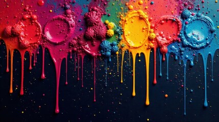 Vibrant Dripping Paint Textures A Colorful Abstract Composition of Spilled Hues and Decorative Elements