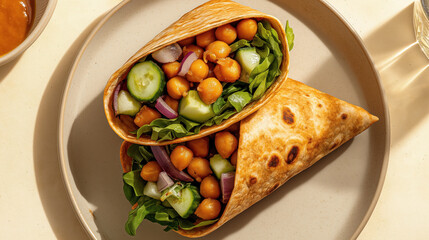 Delicious chickpea and vegetable wrap with spinach, cucumber, and red onion