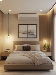 An inviting bedroom with soft lighting and minimalist design