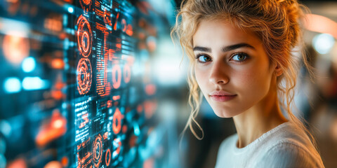 Young Woman Engaged with Interactive Digital Interface Representing Self-Discovery and Personal Data Interpretation Technology