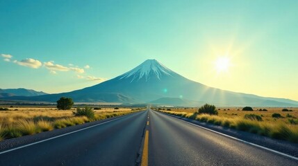 Asphalt Road Leading Towards a Majestic Snow-Capped Mountain Peak Under a Bright Sunny Sky