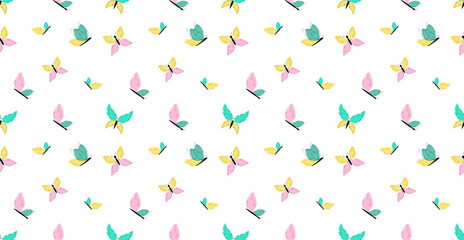 Seamless pattern with pink, yellow and mint butterflies in watercolor style