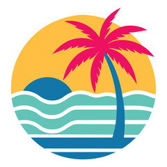 Retro Beach Scene with Waves Palm Trees and Synthwave Sun