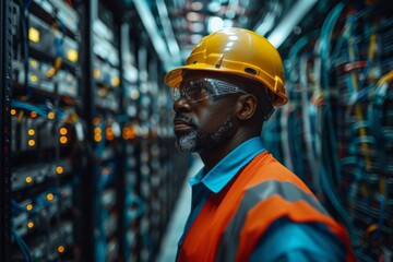 IT technician data center server room. Network maintenance engineer server farm digital infrastructure cloud computing data security concept