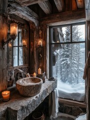 A rustic bathroom shows the cold snowy winter season