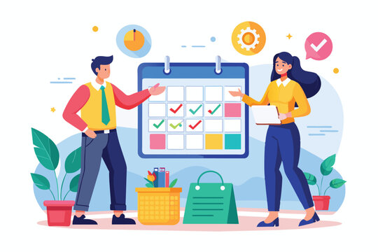 A male and female character plan and arrange schedules using a calendar in a cheerful workspace, Male and female characters are arranging a schedule for a business