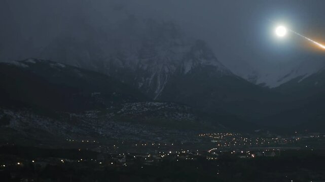 Asteroid Falling Over a Foggy Winter Night in a City at the South Pole