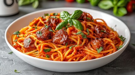 Delicious spaghetti with meat sauce, basil garnish, kitchen setting, food photography